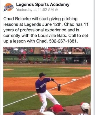 Chad Reineke, pitcher for the Louisville Bats, will begin giving pitching lessons at Legends Sports Academy in June.