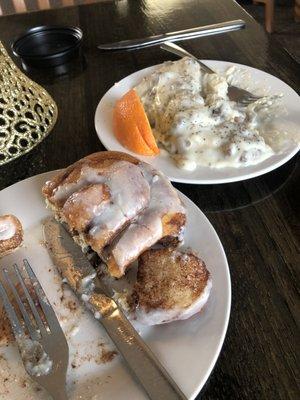 Cinnamon roll and biscuits and gravy
