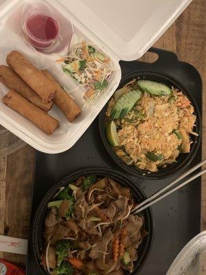 Soy Sauce Noodles (Pad See-Yew), Basil Stir-Fried, egg rolls