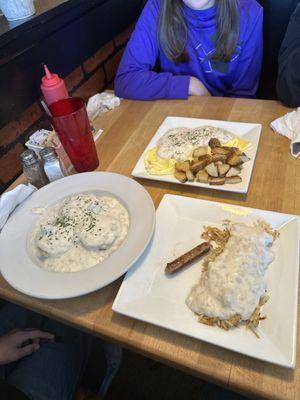 The farmers omelet biscuits and gravy with hash browns and sausage on the side