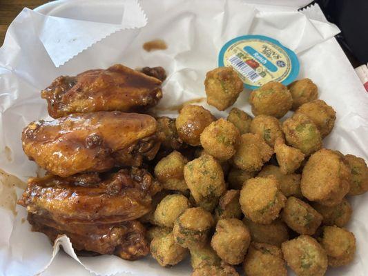 6 PC Honey BBQ Wings (all flats, fried hard) & Okra