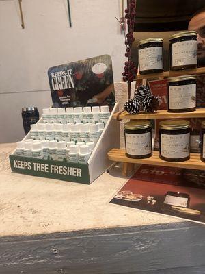 Candles and keeps-it-green at checkout. Also have fresh fragrant garland here