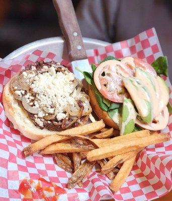 Goat in the Garden burger with the delicious handcut fries