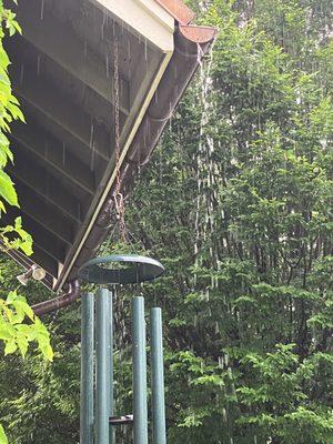 Overflow from left hand gutter. The overflow is from the end opposite the location of the downspout