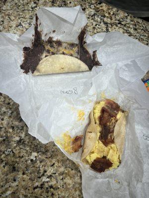 Bean and cheese  Bacon egg and cheese taco  Pretty yummy! Has a 2 taco and a drink deal for 5.99. Not bad