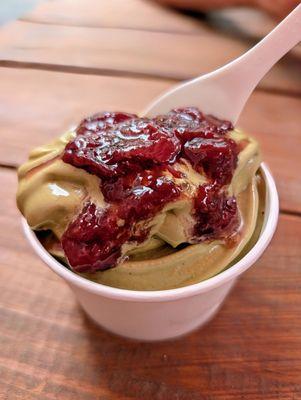 Pistachio soft serve with homemade strawberry jam. Best ice cream in the DMV!