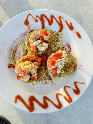 Fried green tomatoes special w shrimp and crab. Shrimp is served cold, threw us off a little.