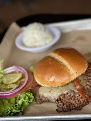 Tropical burger with habanero jam. Not too spicy on a smashed patty. potato salad yum