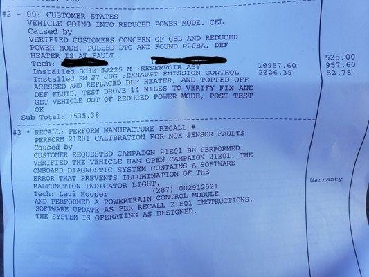 Service receipt showing a $400 mark up from MSRP on a DEF heater.