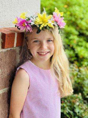 Hand wrapped, locally sourced muscadine vine hair wreath with silk flowers for the fairy princess.