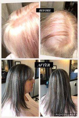Super bleached processing by a Eugene salon ruining my beautiful gray hair. Nancy did a wonderful color restoration for me.
