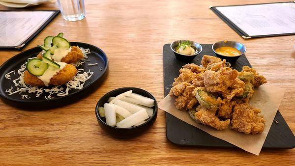 Dumplings and fried chicken with jalapeños