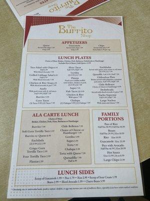 The Burrito Shop Menu
