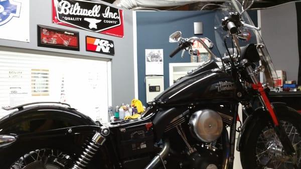On the lift at Head Kace Motorcycles
