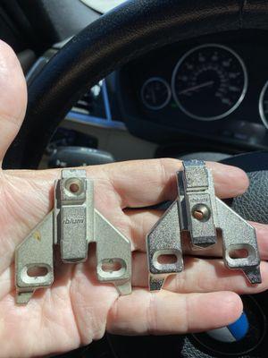 Blum cabinet hinge receiver - old on the left view on the right