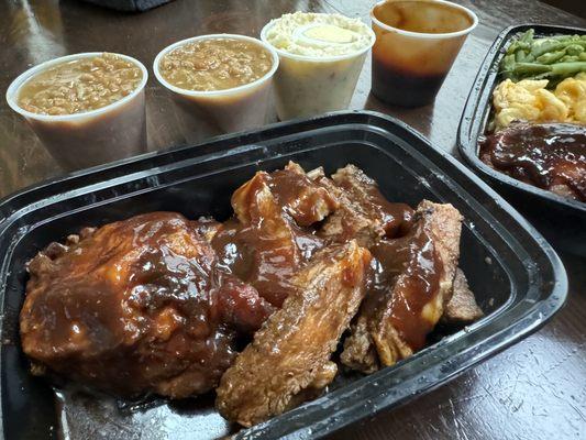 BQ Chicken with creamy Mac & Cheese and String Beans; and BQ Chicken and Sliced Beef Rib Eye Steak with sweet and savory Baked Beans a