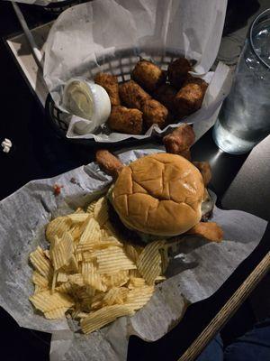 Bacon Cheeseburger platter with loaded tater tots.