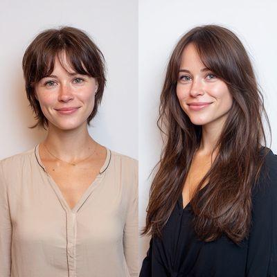 Before and after hair extensions and color gloss to ad vibrance and shine to her hair