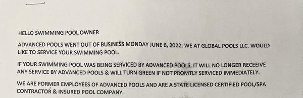 Notification of closure from another company.