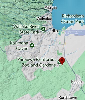 On southern outskirts of Big Island's capital city Hilo. 6 miles from downtown and namesake bay.