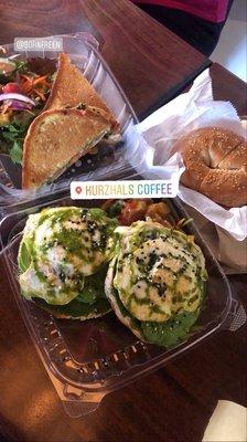 Pesto grilled cheese, avo egg bagel, sesame bagel with butter