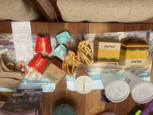 On the receipt it says three ranches for free and the fries are half full