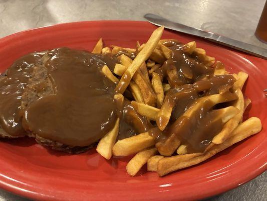 Meatloaf dinner with fries and gravy