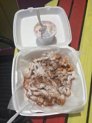 Cinnamon sugar funnel cake with cotton candy ice cream