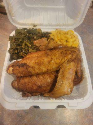 Baked turkey wings, Collard greens, Baked macaroni and cheese.
