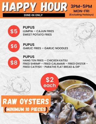 New Happy Hour Menu
Monday to Friday
3pm-5pm
$5, $6, $8 Pupus
$2 Oysters
Refreshing Drinks