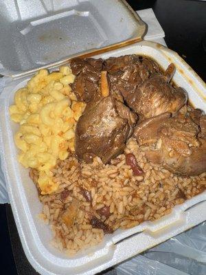 Stew chicken, rice and peas with Mac n cheese
