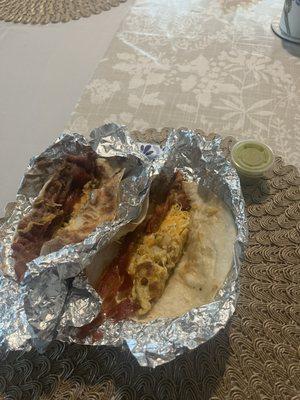 Bean, bacon and cheese. And potato,egg, cheese, and bacon.