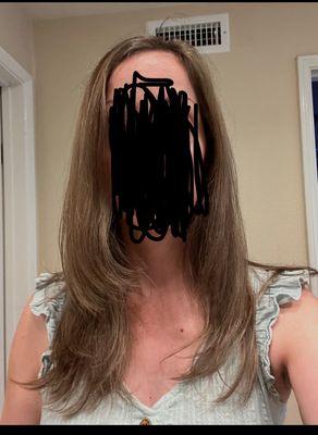 You can see the large amount of hair cut several inches above the rest and the dye job is not what I asked for: ombre, dark to blond