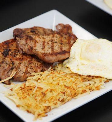 Pork Chop and Eggs with Shredded Hashbrowns