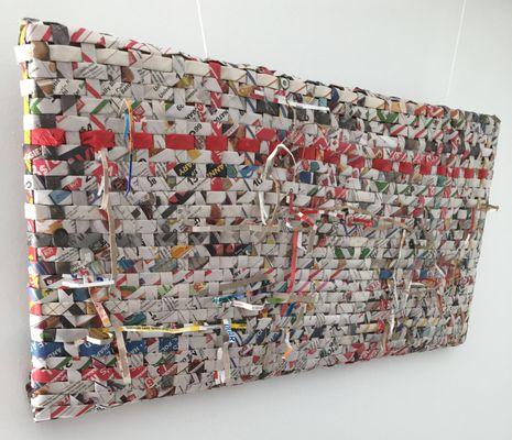 "Wiry Comfort" Upcycled Paper Art Woven Painting 12" x 24" by Larry Lerew.
