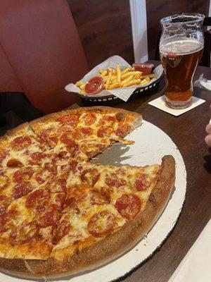 Large pepperoni pizza, small fries, Samuel Adams