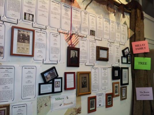 The historical gallery in the office building. All the slips of paper are descriptions of Millay's great-grandparents, etc.