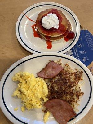 Quick 2-Egg Breakfast -replace meat with ham -replace toast with strawberry pancakes