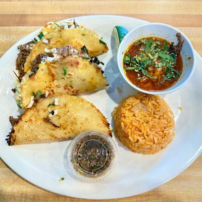 Birria Tacos, Rice & Birria Dipping Broth