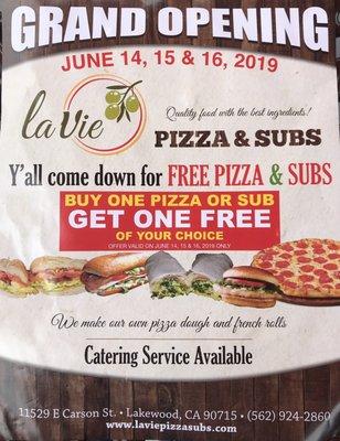 Free Pizza and Subs for the next 3 days!! Greatest pizza I've ever had. You can actually taste the freshness of the ingredients.