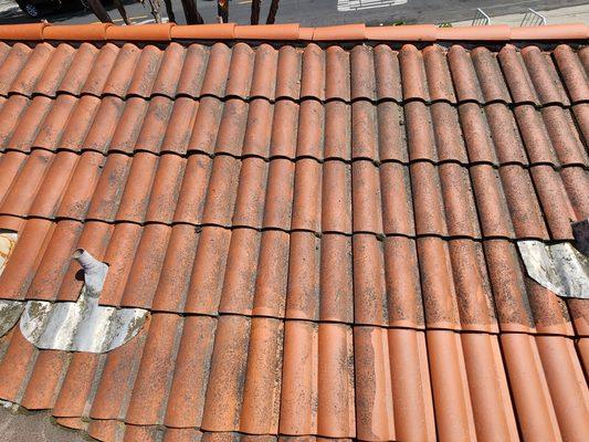 The bottom right hand corner has been pressure washed so far.