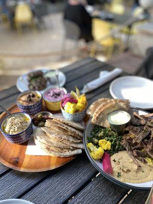 Dip Platter (with Whipped Feta and Beet, Hummus, Muhammara) and the BEEF SIRLOIN BOWL