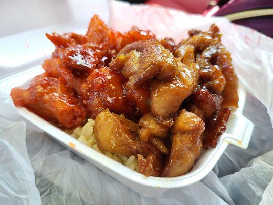 Bourbon chicken & sesame chicken over fried rice