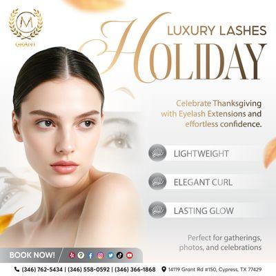 GET HOLIDAY LUXURY LASHES
Celebrate Thanksgiving with stunning Eyelash Extensions and effortless confidence.
Our premium lash extensio