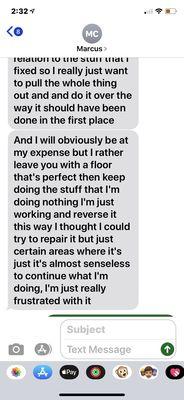 Direct text promising to fix the shower tile that was incorrectly installed