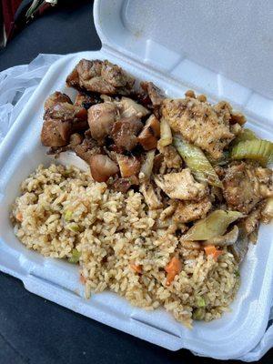 Bourbon chicken and Black Pepper chicken, fried rice.