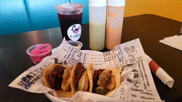 Tacos Llorarás ("You will cry.") Cheese filled jalapeño (Chile relleno style) with birria on a handmade tortilla.