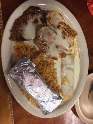 El Special - steak, chicken, cheese enchilada with rice and tortillas!
