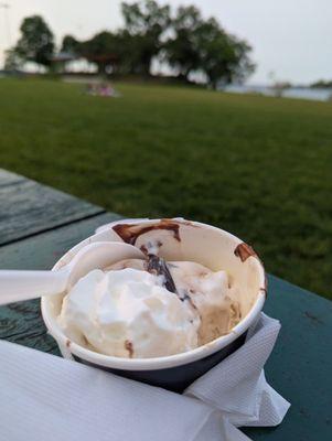 Salty caramel hot fudge sundae by the water