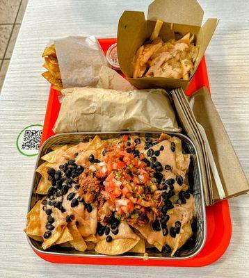 Pulled Pork Nachos-GF, Gentle Style Fries, Macho Burrito